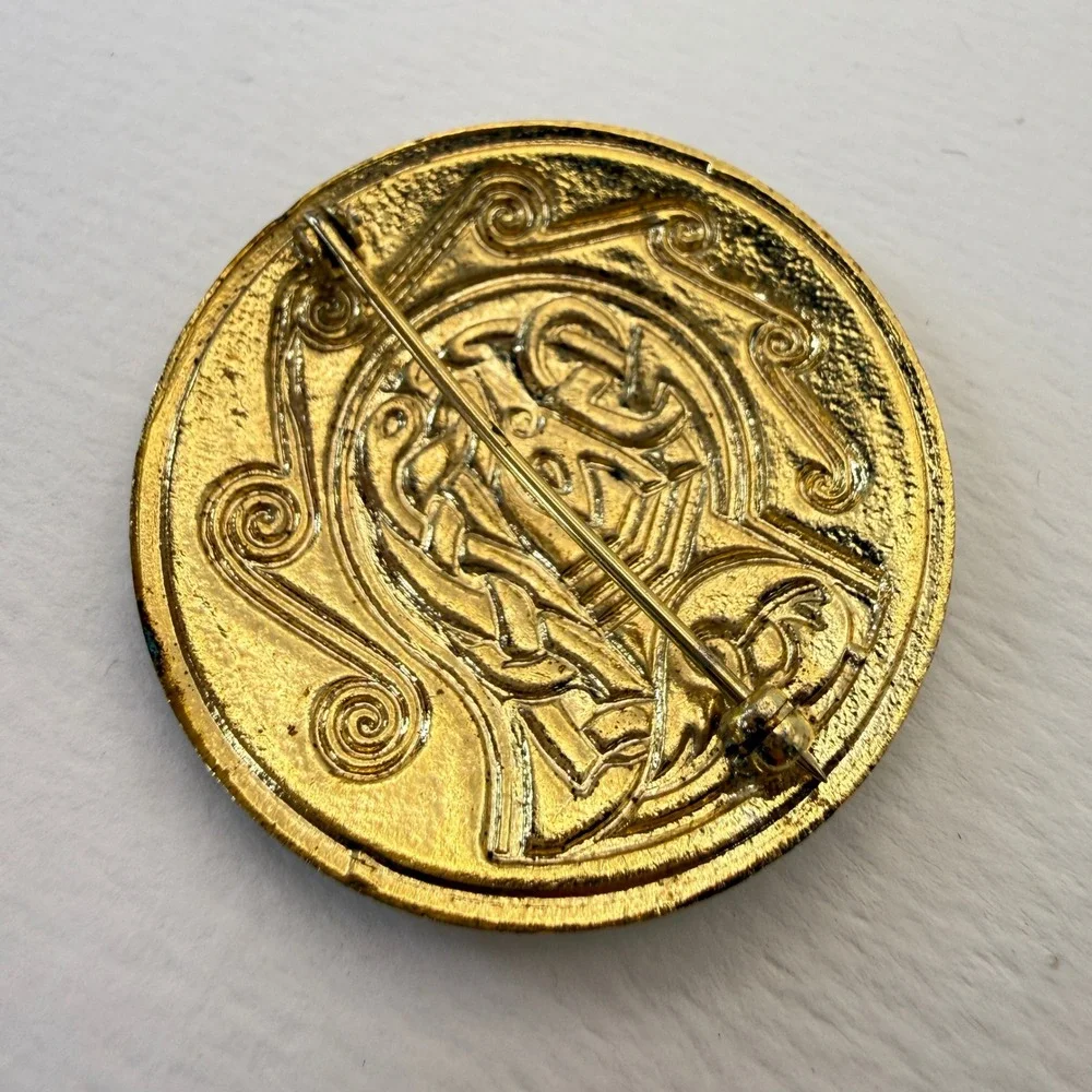 Vintage Celtic Enamel Brooch Gold Tone Colorful Knotwork Zoomorphic Pin